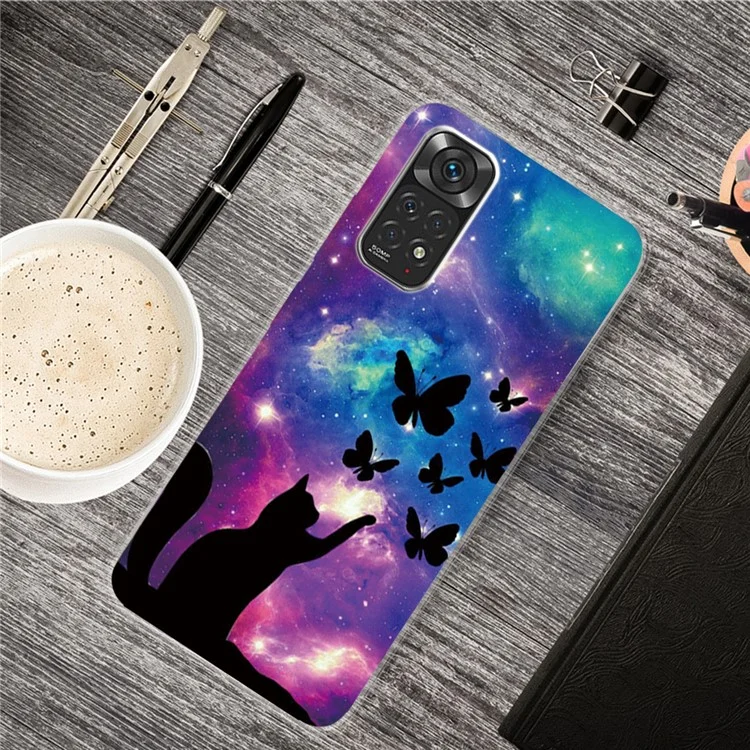Para Xiaomi Redmi Note 11S 4G / Redmi Note 11 4G (Qualcomm) IMD Pattern Printing Fashion Design Shockproof Anti-Scratch TPU Case - Gato y Mariposas