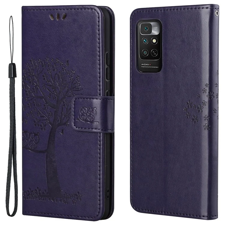Für Xiaomi Redmi Note 11 4G (Qualcomm) / Redmi Note 11S 4G Wallet Phone Case Owl Tree Pattern Imprinted PU Leather Stand Flip Protective Cover with Strap - Dunkelviolett