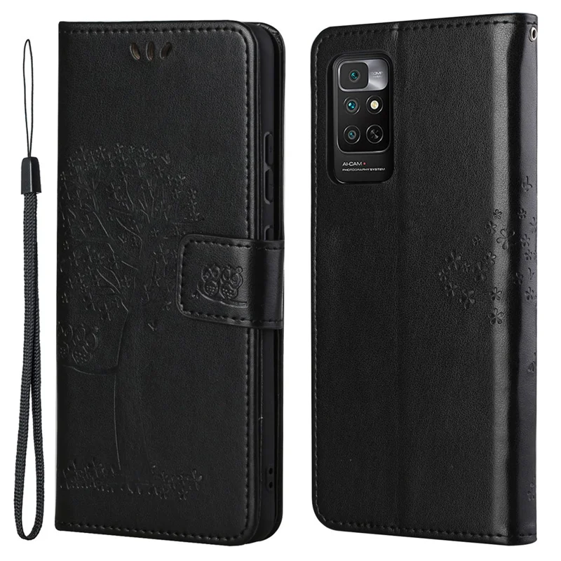 For Xiaomi Redmi Note 11 4G (Qualcomm) / Redmi Note 11S 4G Wallet Phone Case Owl Tree Pattern Imprinted PU Leather Stand Flip Protective Cover with Strap - Black