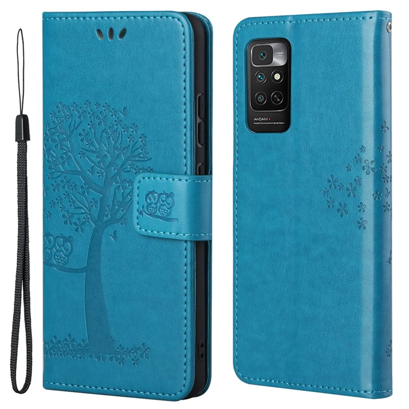 For Xiaomi Redmi Note 11 4G (Qualcomm) / Redmi Note 11S 4G Wallet Phone Case Owl Tree Pattern Imprinted PU Leather Stand Flip Protective Cover with Strap - Blue