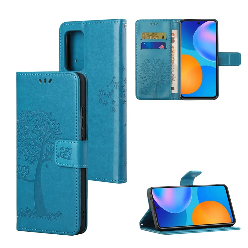 For Xiaomi Redmi Note 11 4G (Qualcomm) / Redmi Note 11S 4G Wallet Phone Case Owl Tree Pattern Imprinted PU Leather Stand Flip Protective Cover with Strap - Blue