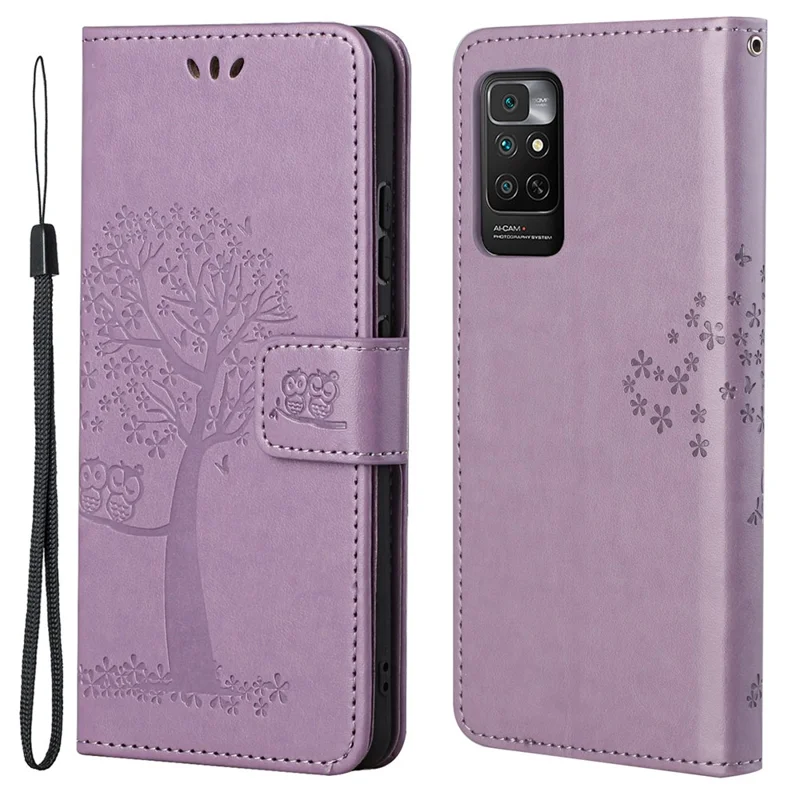 For Xiaomi Redmi Note 11 4G (Qualcomm) / Redmi Note 11S 4G Wallet Phone Case Owl Tree Pattern Imprinted PU Leather Stand Flip Protective Cover with Strap - Purple