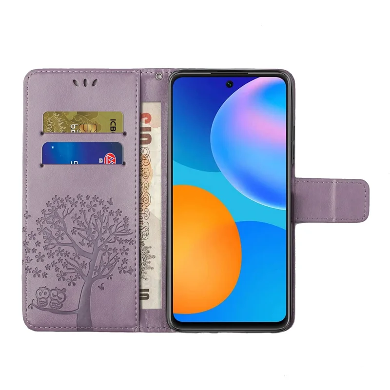For Xiaomi Redmi Note 11 4G (Qualcomm) / Redmi Note 11S 4G Wallet Phone Case Owl Tree Pattern Imprinted PU Leather Stand Flip Protective Cover with Strap - Purple