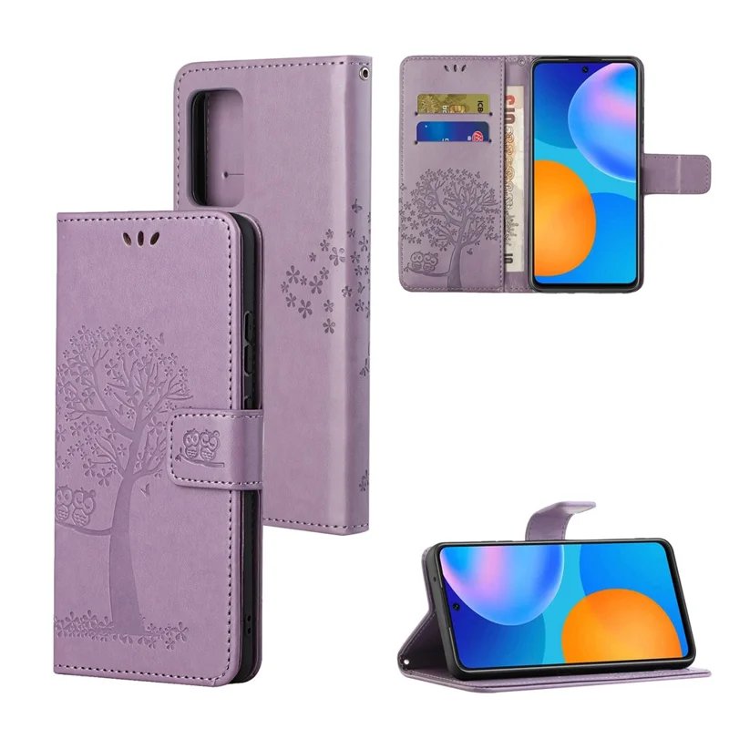 For Xiaomi Redmi Note 11 4G (Qualcomm) / Redmi Note 11S 4G Wallet Phone Case Owl Tree Pattern Imprinted PU Leather Stand Flip Protective Cover with Strap - Purple