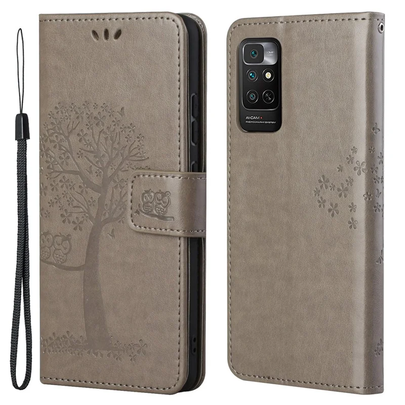 For Xiaomi Redmi Note 11 4G (Qualcomm) / Redmi Note 11S 4G Wallet Phone Case Owl Tree Pattern Imprinted PU Leather Stand Flip Protective Cover with Strap - Grey