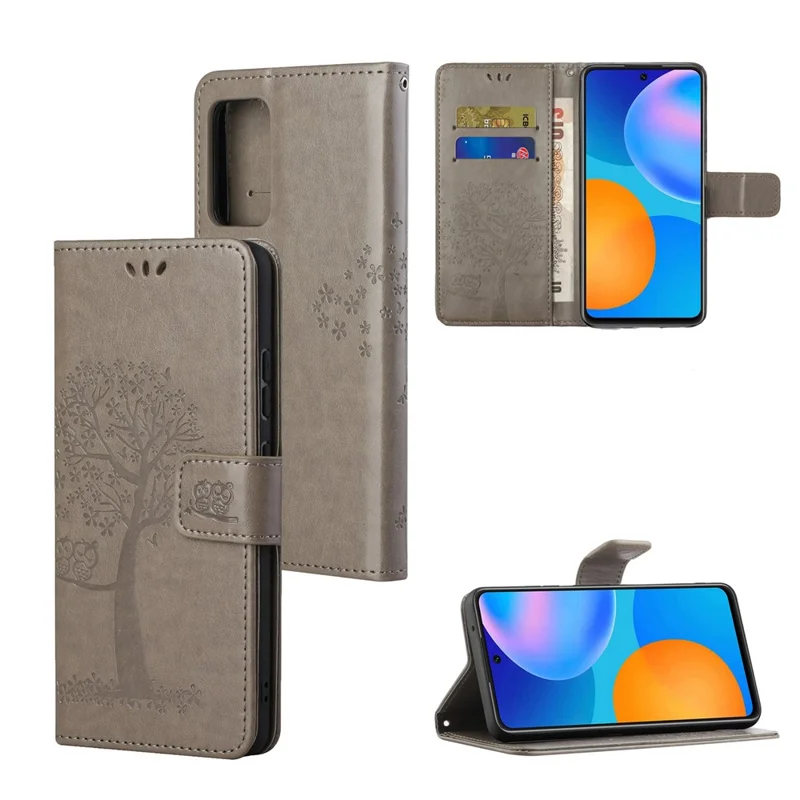 For Xiaomi Redmi Note 11 4G (Qualcomm) / Redmi Note 11S 4G Wallet Phone Case Owl Tree Pattern Imprinted PU Leather Stand Flip Protective Cover with Strap - Grey