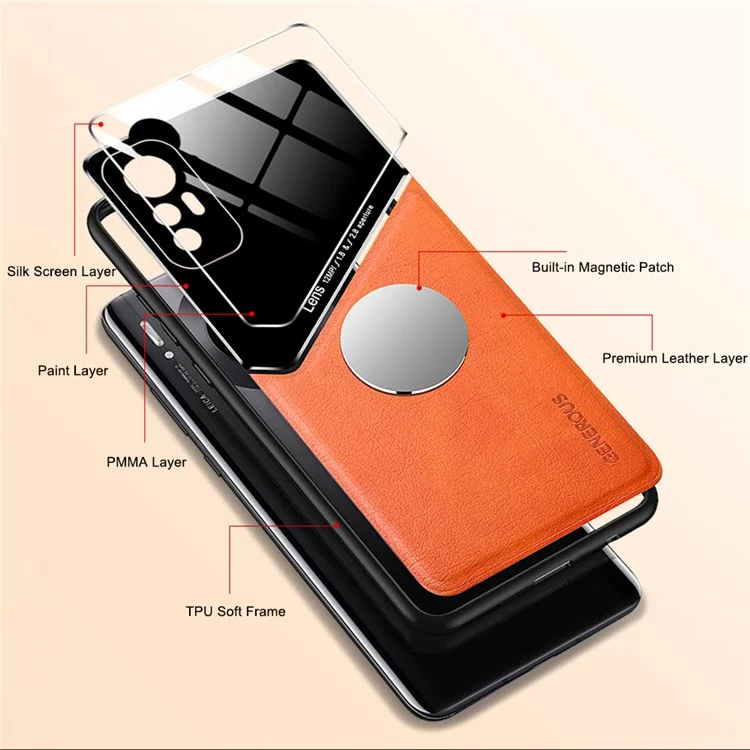 For Xiaomi 12 5G/12X 5G/12S 5G Precise Cut-Out Phone Case Shockproof Cover Anti-Fall Textured Leather Shell TPU Frame Protector with Magnetic Metal Sheet - Orange