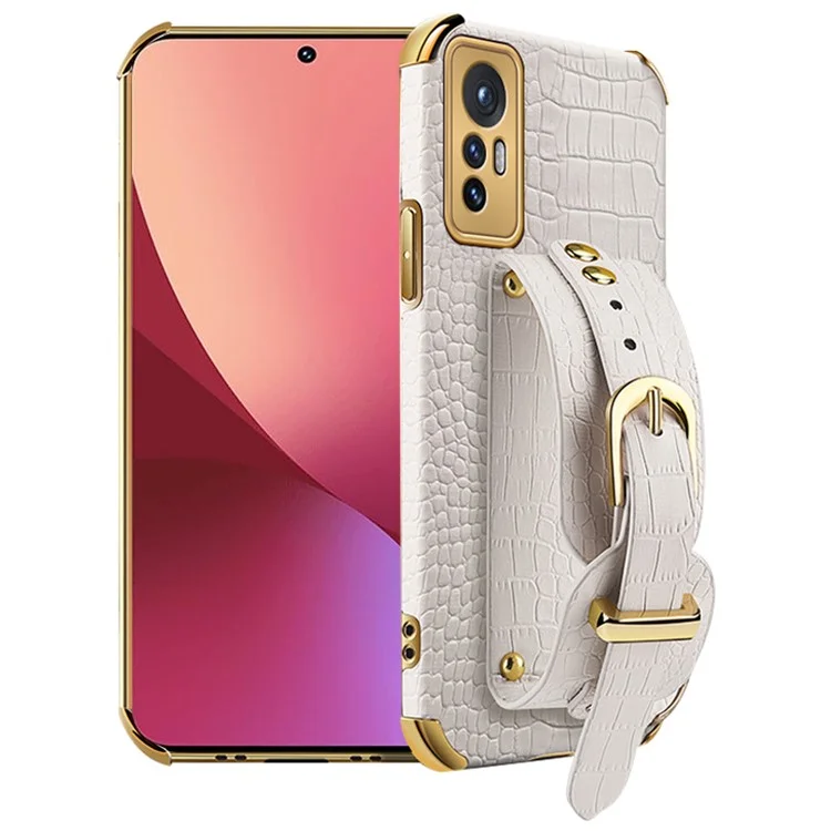 For Xiaomi 12 5G/12X 5G/12S 5G PU Leather Coated TPU Phone Cover Precise Cutout Crocodile Texture Kickstand Electroplating Phone Case - White