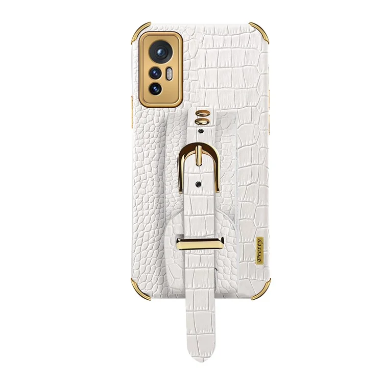 For Xiaomi 12 5G/12X 5G/12S 5G PU Leather Coated TPU Phone Cover Precise Cutout Crocodile Texture Kickstand Electroplating Phone Case - White