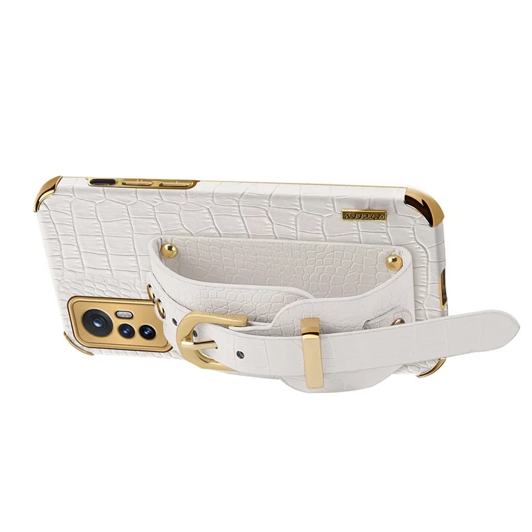 For Xiaomi 12 5G/12X 5G/12S 5G PU Leather Coated TPU Phone Cover Precise Cutout Crocodile Texture Kickstand Electroplating Phone Case - White