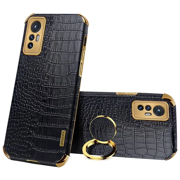 For Xiaomi 12 5G/12X 5G/12S 5G Crocodile Texture Phone Case Kickstand Electroplating Finger Ring Holder PU Leather Coated TPU Phone Covering Shell - Black