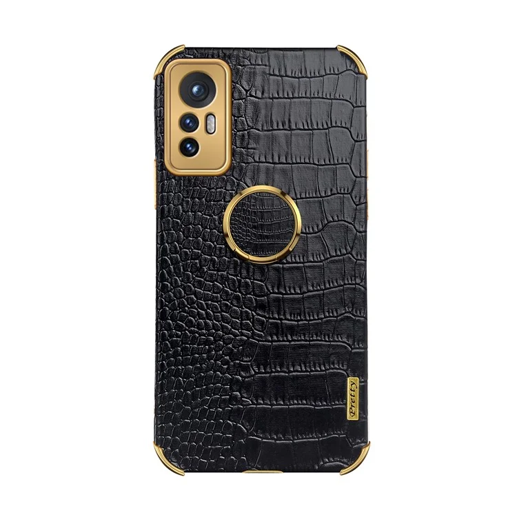 For Xiaomi 12 5G/12X 5G/12S 5G Crocodile Texture Phone Case Kickstand Electroplating Finger Ring Holder PU Leather Coated TPU Phone Covering Shell - Black