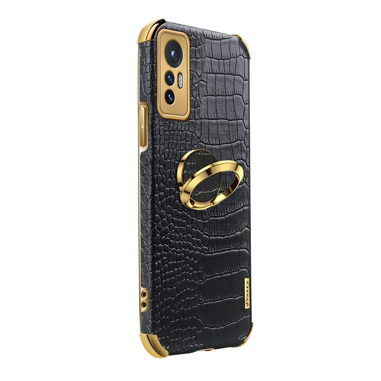 For Xiaomi 12 5G/12X 5G/12S 5G Crocodile Texture Phone Case Kickstand Electroplating Finger Ring Holder PU Leather Coated TPU Phone Covering Shell - Black