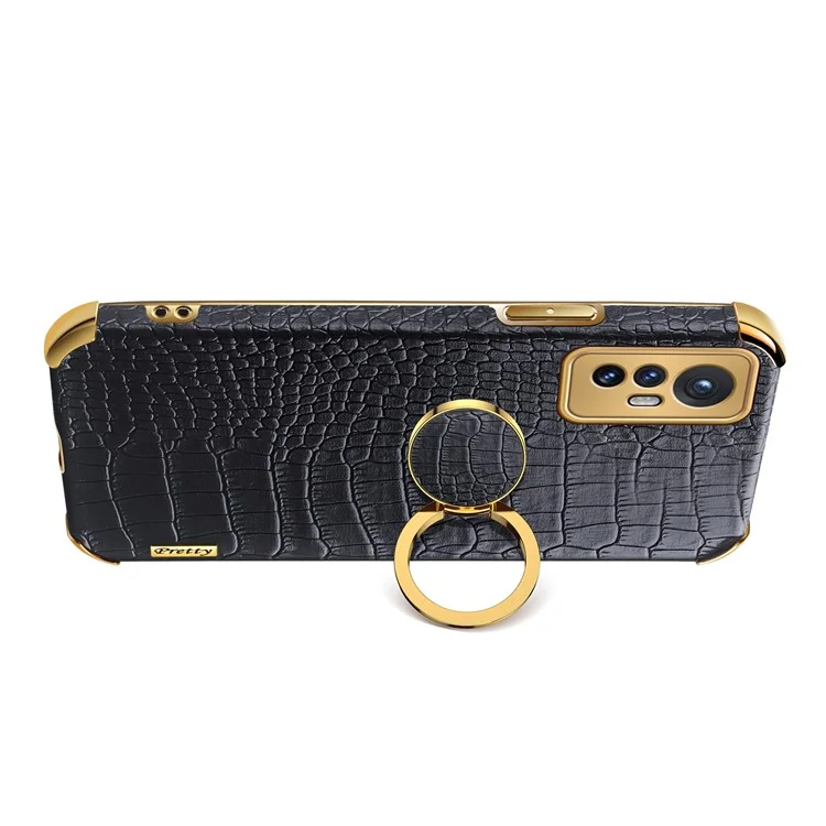 For Xiaomi 12 5G/12X 5G/12S 5G Crocodile Texture Phone Case Kickstand Electroplating Finger Ring Holder PU Leather Coated TPU Phone Covering Shell - Black