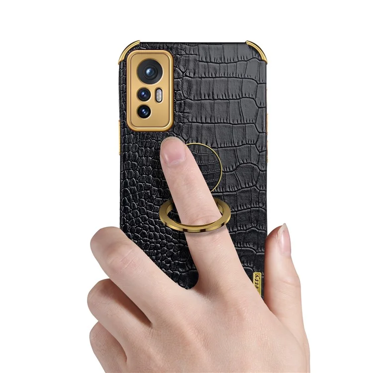For Xiaomi 12 5G/12X 5G/12S 5G Crocodile Texture Phone Case Kickstand Electroplating Finger Ring Holder PU Leather Coated TPU Phone Covering Shell - Black