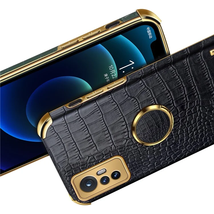 For Xiaomi 12 5G/12X 5G/12S 5G Crocodile Texture Phone Case Kickstand Electroplating Finger Ring Holder PU Leather Coated TPU Phone Covering Shell - Black