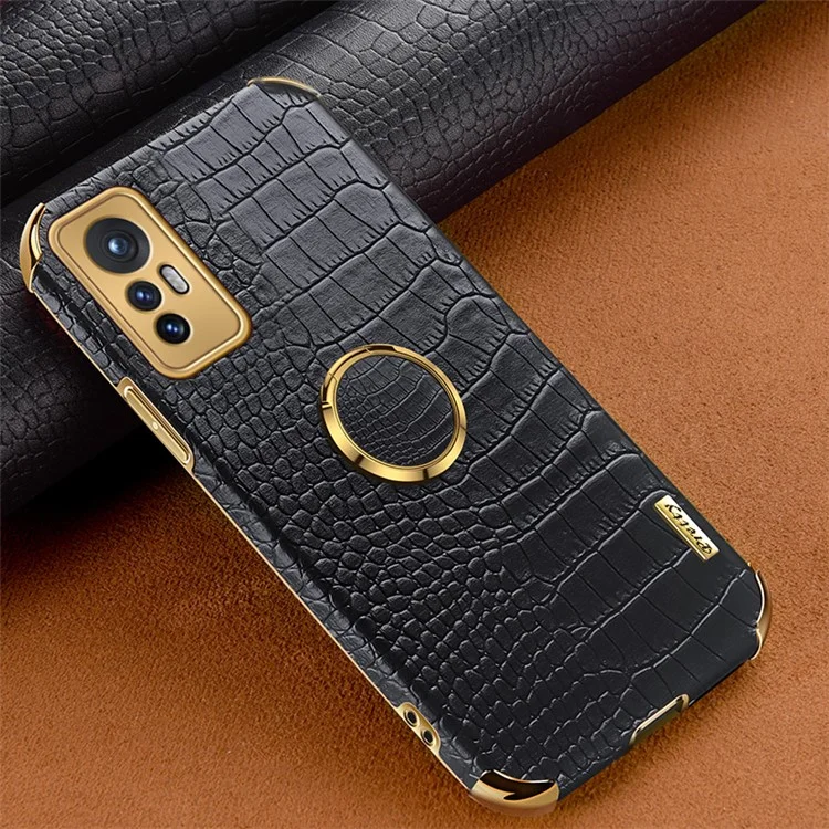 For Xiaomi 12 5G/12X 5G/12S 5G Crocodile Texture Phone Case Kickstand Electroplating Finger Ring Holder PU Leather Coated TPU Phone Covering Shell - Black