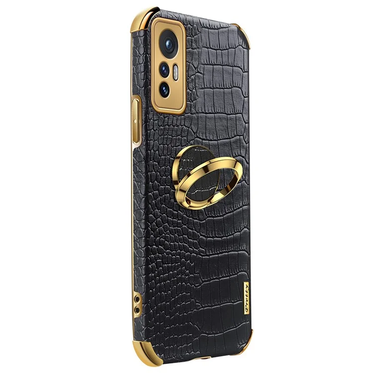 Para Xiaomi 12 Pro 5G/12S Pro 5G/12 Pro (Dimensity) 5G Caixa do Telefone Capa de Couro PU com Textura de Crocodilo, Suporte e Anel de Dedo - Preto