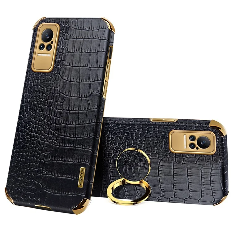 For Xiaomi Civi Smartphone Case Kickstand Electroplating Finger Ring Holder PU Leather Coated TPU Phone Back Shell - Black