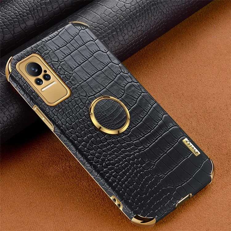 For Xiaomi Civi Smartphone Case Kickstand Electroplating Finger Ring Holder PU Leather Coated TPU Phone Back Shell - Black