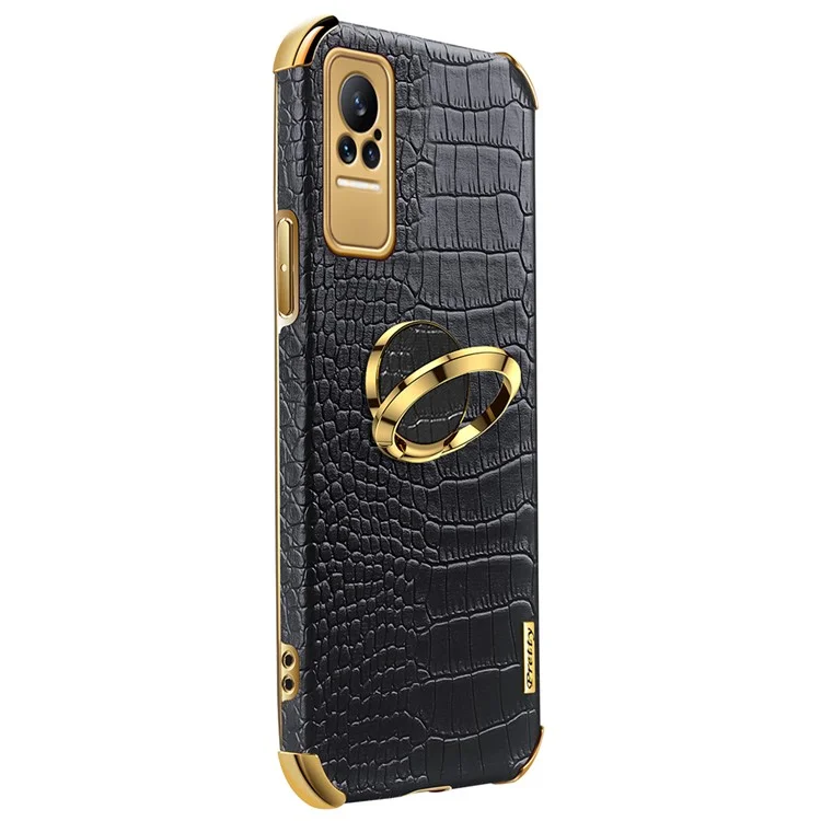 For Xiaomi Civi Smartphone Case Kickstand Electroplating Finger Ring Holder PU Leather Coated TPU Phone Back Shell - Black