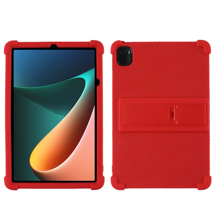 For Xiaomi Pad 5/Pad 5 Pro Reinforced Four Corner Silicone Tablet Case Cover with PC Kickstand - Red