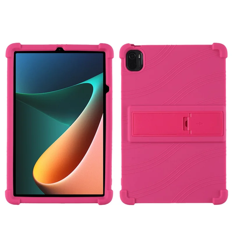 For Xiaomi Pad 5/Pad 5 Pro Reinforced Four Corner Silicone Tablet Case Cover with PC Kickstand - Rose