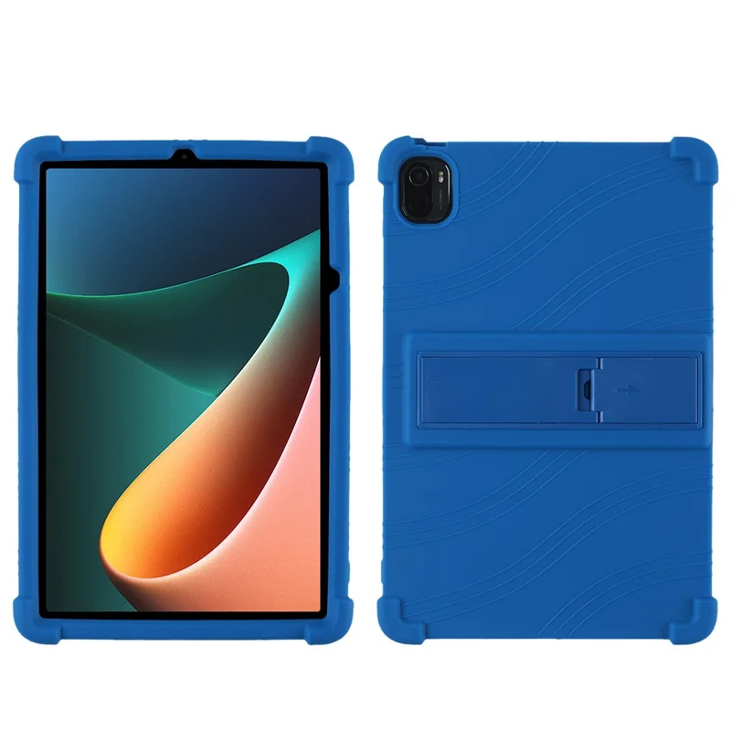 For Xiaomi Pad 5/Pad 5 Pro Reinforced Four Corner Silicone Tablet Case Cover with PC Kickstand - Dark Blue