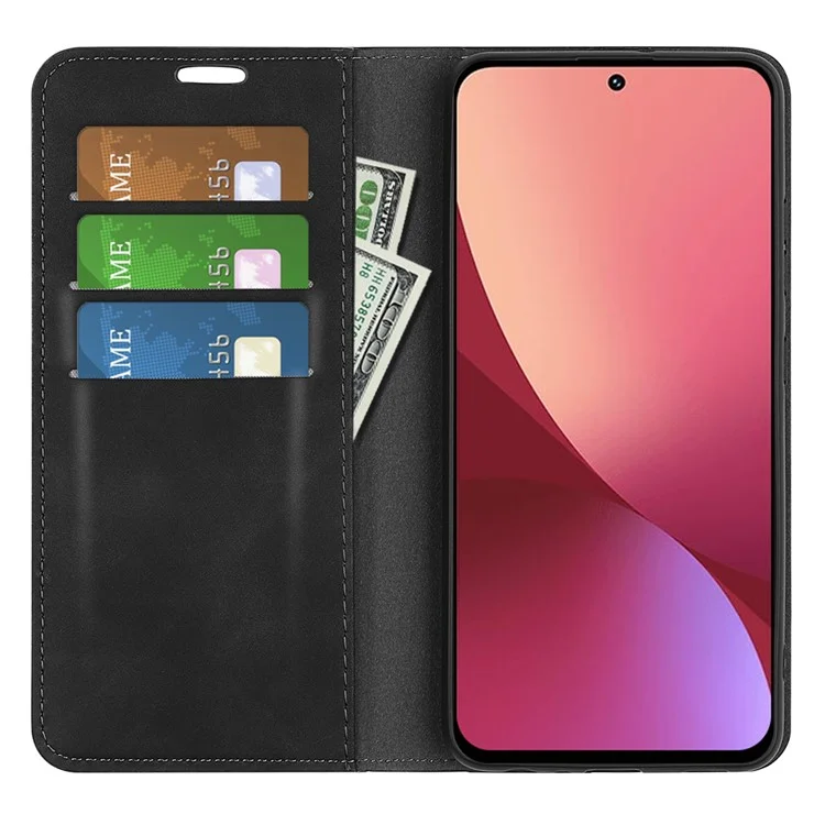 Para Xiaomi 12 5g/12x 5g/12s 5g Skin Touch PU Couro Magnetic Case Caso Projeto de Carteira TPU Stand TPU Stand Tampa - Preto