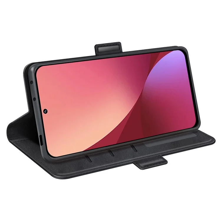 Für Xiaomi 12 5G/12X 5G/12S 5G strukturierte PU-Leder-Doppel-Magnetverschluss-Handyhülle mit Geldbörse und Ständer, stoßfest - Schwarz