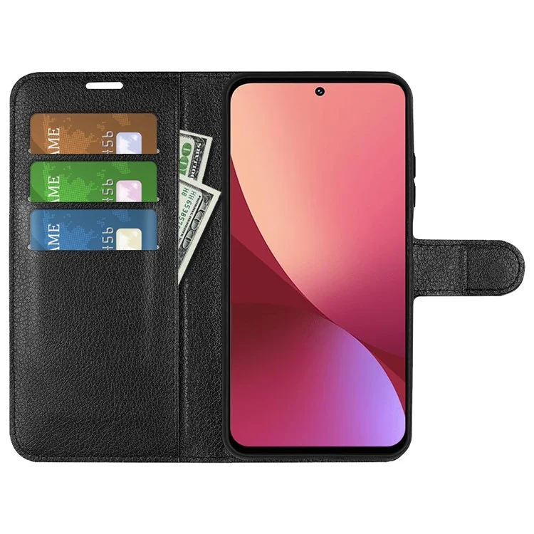 Para Xiaomi 12 5G/12X 5G/12S 5G Litchi Texture Leather Cover Full Protection Stand Wallet Mobile Phone Case - Negro