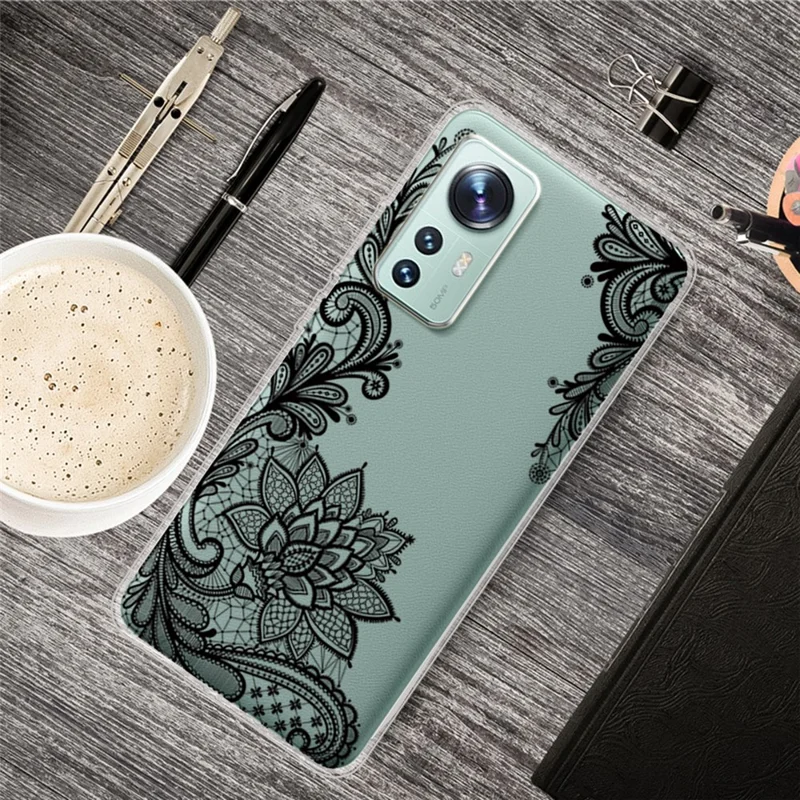 For Xiaomi 12 5G/12X 5G/12S 5G Drop Protection IMD TPU Phone Case Pattern Printing Protective Cover - Lace Flower