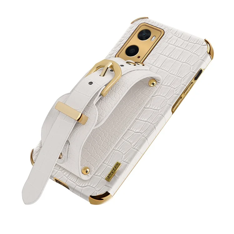 Für Oppo A36/A76 PU Lederbeschichtete TPU -hülle Krokodil Textur Handriemen Kickstand Elektroplating Telefonabdeckung - Weiß