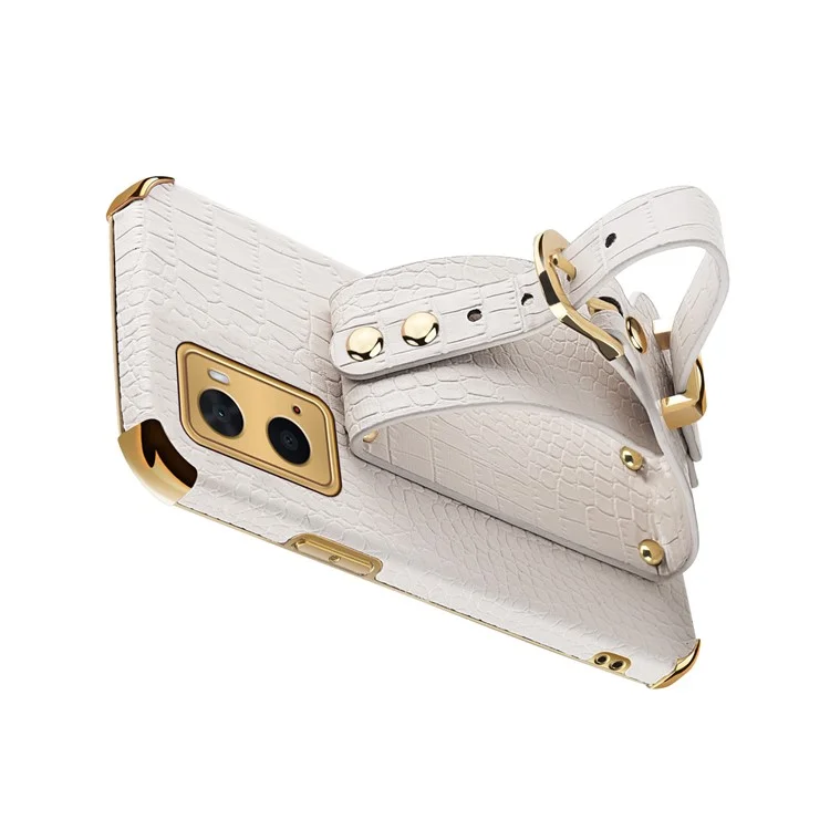 Für Oppo A36/A76 PU Lederbeschichtete TPU -hülle Krokodil Textur Handriemen Kickstand Elektroplating Telefonabdeckung - Weiß