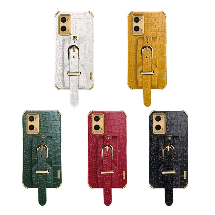 Für Oppo A36/A76 PU Lederbeschichtete TPU -hülle Krokodil Textur Handriemen Kickstand Elektroplating Telefonabdeckung - Weiß