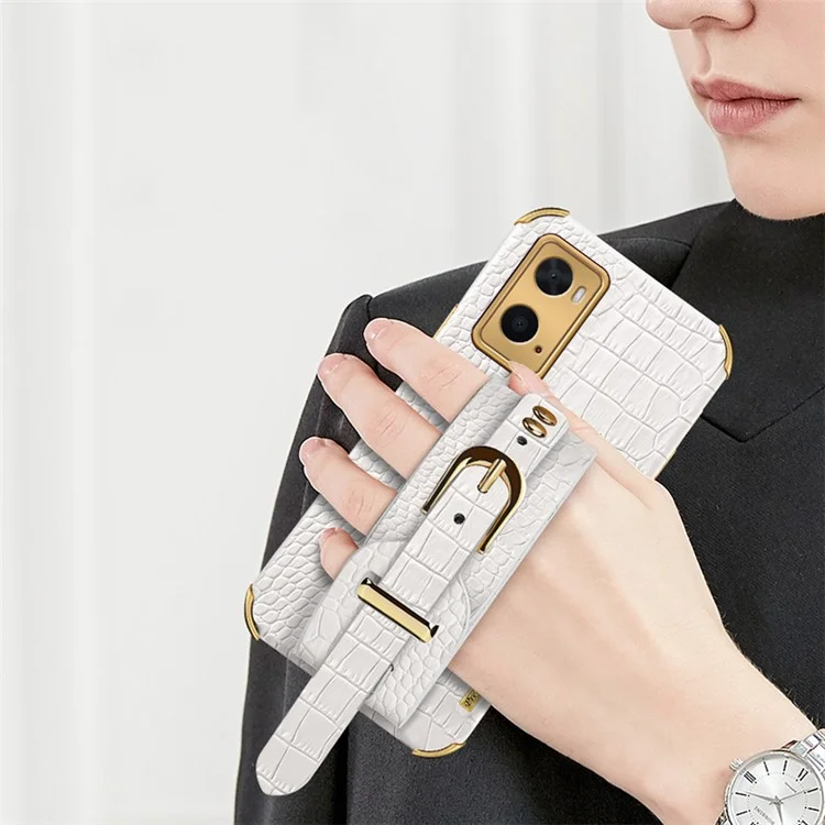 Für Oppo A36/A76 PU Lederbeschichtete TPU -hülle Krokodil Textur Handriemen Kickstand Elektroplating Telefonabdeckung - Weiß