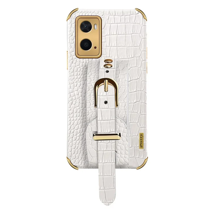 Für Oppo A36/A76 PU Lederbeschichtete TPU -hülle Krokodil Textur Handriemen Kickstand Elektroplating Telefonabdeckung - Weiß