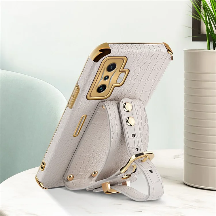 Electroplating Crocodile Texture Phone Case for Xiaomi Poco F4 GT/Redmi K50 Gaming, Precise Cutout PU Leather Coated TPU Shell with Hand Strap Kickstand - White