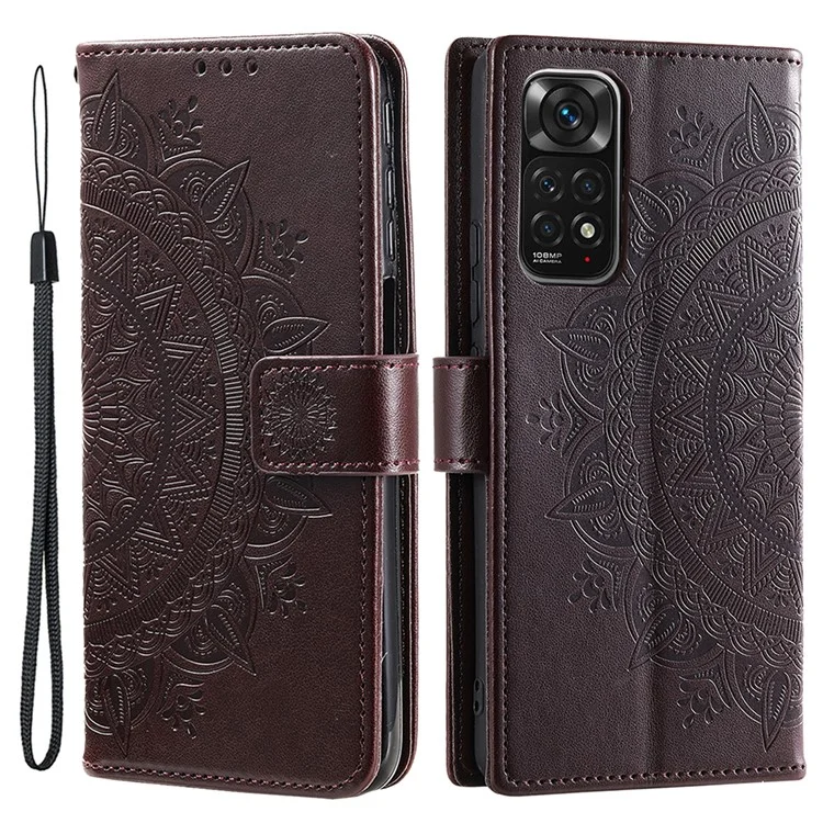 Per Xiaomi Redmi Note 11S 4G/Note 11 4G (Qualcomm) Custodia in pelle con stampa a mandala, con portafoglio e supporto - Marrone