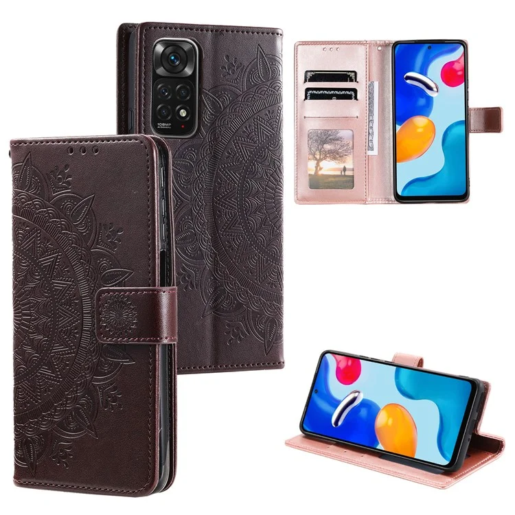 Per Xiaomi Redmi Note 11S 4G/Note 11 4G (Qualcomm) Custodia in pelle con stampa a mandala, con portafoglio e supporto - Marrone