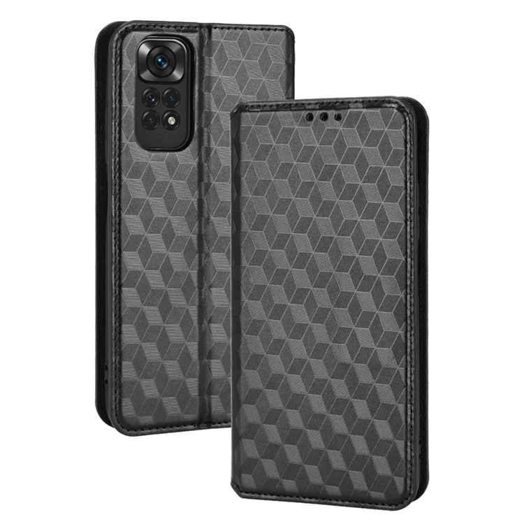 Pour Xiaomi Redmi Note 11 4G (Qualcomm) / Remarque Redmi Note 11S 4G Modèle De Losange Imprimé Flip Portefeuille De Portefeuille Magnétique Support D'adsorption Soft TPU Inner PU Couvercle De Téléphone Protecteur - Le Noir