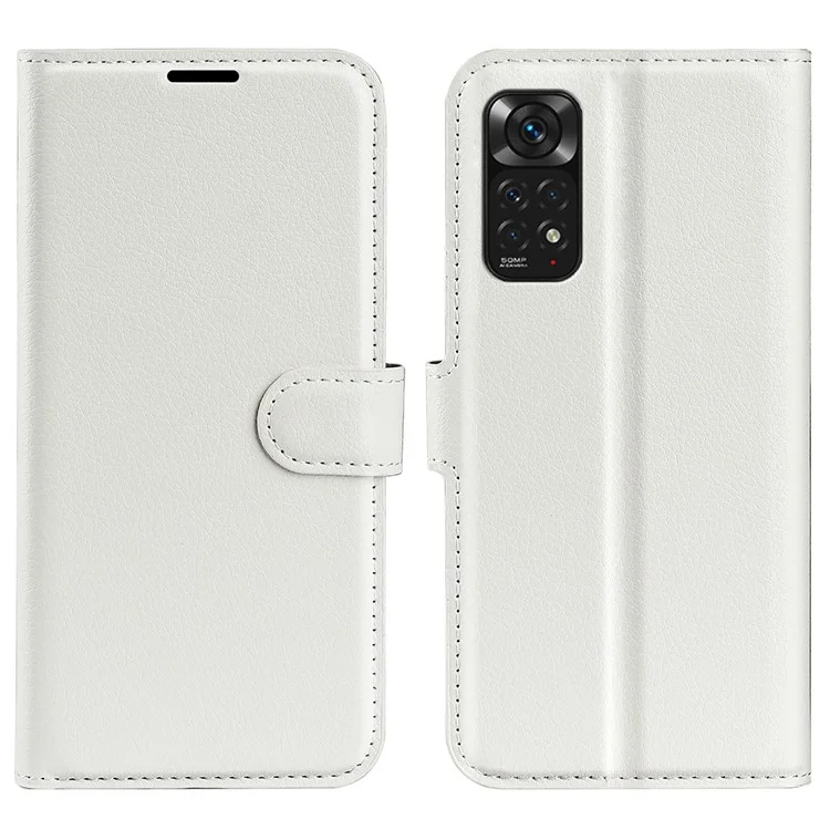 Para Xiaomi Redmi Nota 11 4G (Qualcomm) / Nota Redmi 11s 4G Litchi Texture Folding Stand Phone Case PU Couro Magnético Fechamento Carteira Flip Capa - Branco