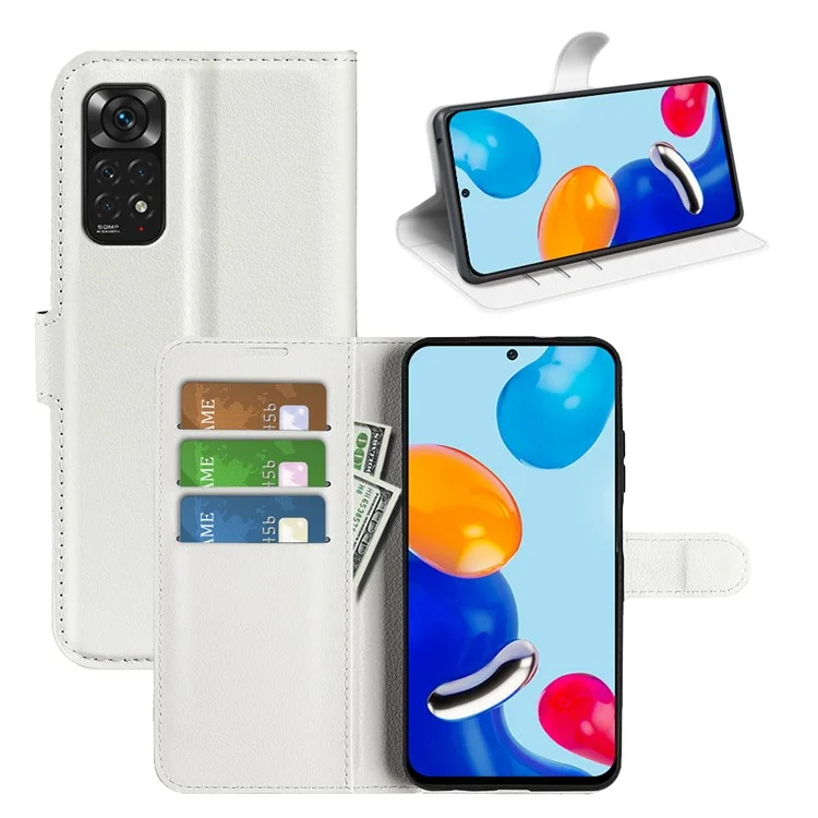 Para Xiaomi Redmi Nota 11 4G (Qualcomm) / Nota Redmi 11s 4G Litchi Texture Folding Stand Phone Case PU Couro Magnético Fechamento Carteira Flip Capa - Branco