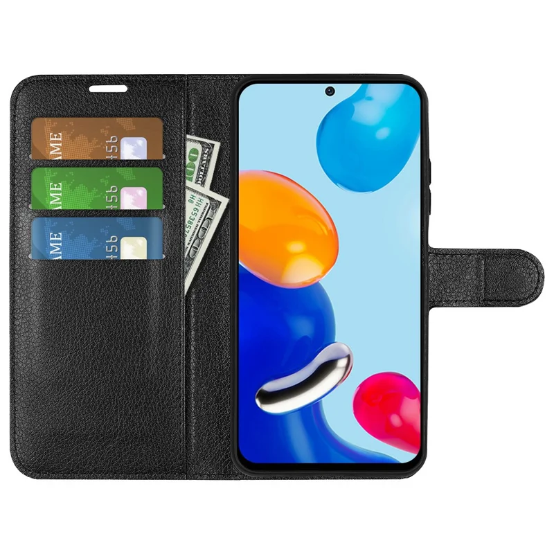For Xiaomi Redmi Note 11 4G (Qualcomm) / Redmi Note 11S 4G Litchi Texture Folding Stand Phone Case PU Leather Magnetic Closure Wallet Flip Cover - Black