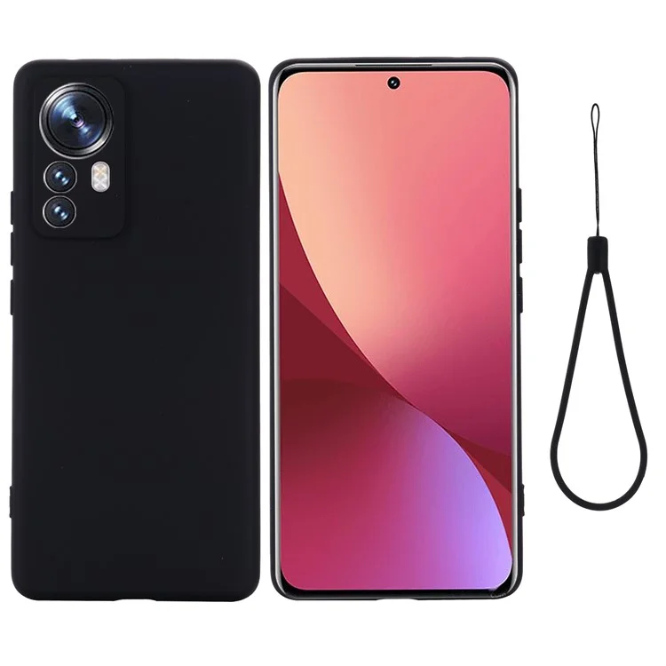 Para Xiaomi 12 Pro 5G/12S Pro 5G/12 Pro (Dimensity)5G Capa de celular antirruído de silicone líquido de cor sólida com alça - Preto