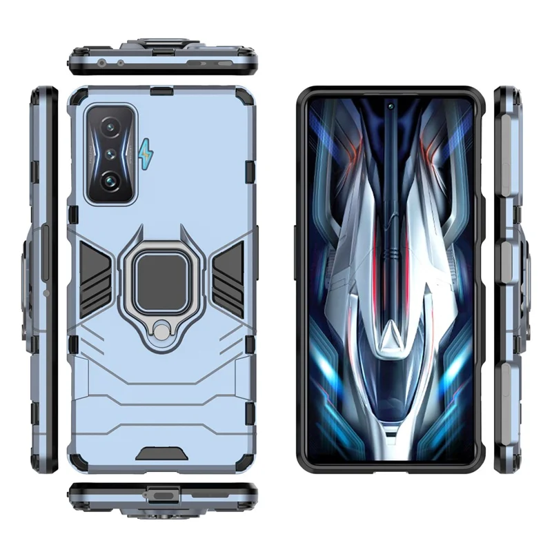 Per Xiaomi Poco F4 GT/Redmi K50 Gaming Ring Holder Kickstand Shockproof Hard PC + Soft TPU Hybrid Phone Case - Blu