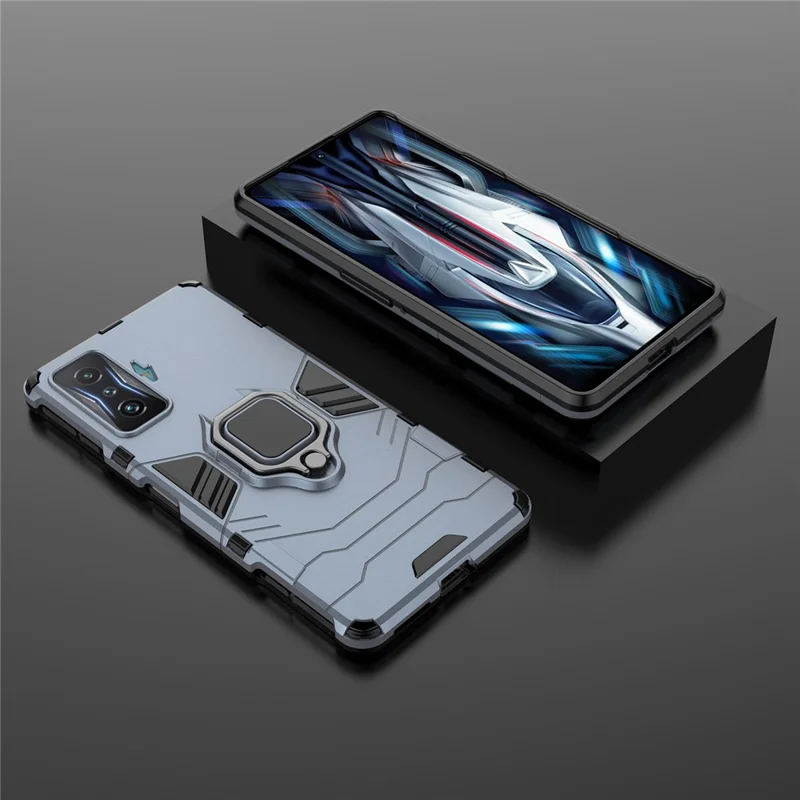 Per Xiaomi Poco F4 GT/Redmi K50 Gaming Ring Holder Kickstand Shockproof Hard PC + Soft TPU Hybrid Phone Case - Blu