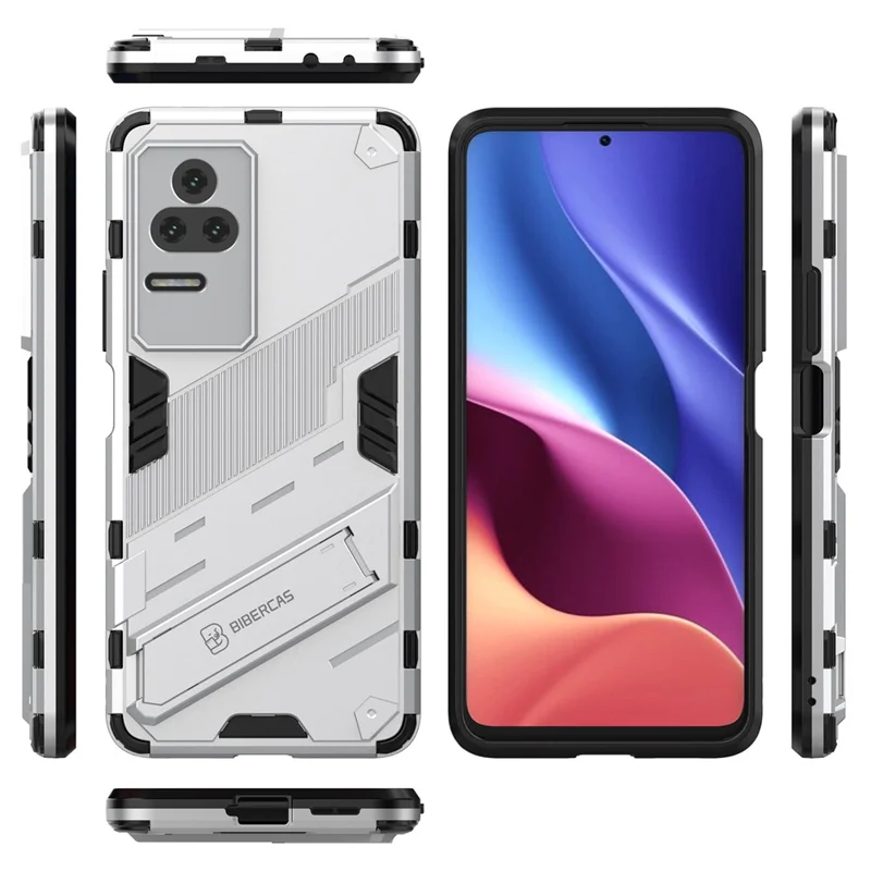 For Xiaomi Poco F4 5G / Redmi K40S 5G Hidden Kickstand Design Hard PC + Soft TPU Hybrid Phone Case Shell - White