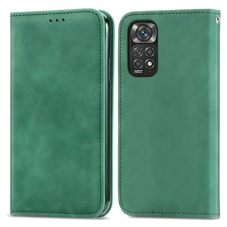 Pour Xiaomi Redmi Note 11S 4G 2022 (Mediatek Helio G96) Skin-Touch Feeling PU Leather Retro Case Card Slots Magnetic Absorption Stand Flip Cover - Vert