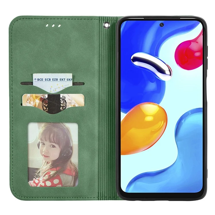 Pour Xiaomi Redmi Note 11S 4G 2022 (Mediatek Helio G96) Skin-Touch Feeling PU Leather Retro Case Card Slots Magnetic Absorption Stand Flip Cover - Vert